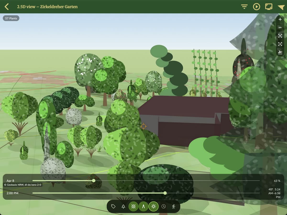 Permaplans: ein geplanter Waldgarten in der 2.5D-Ansicht mit Bäumen, Sträuchern und Haus