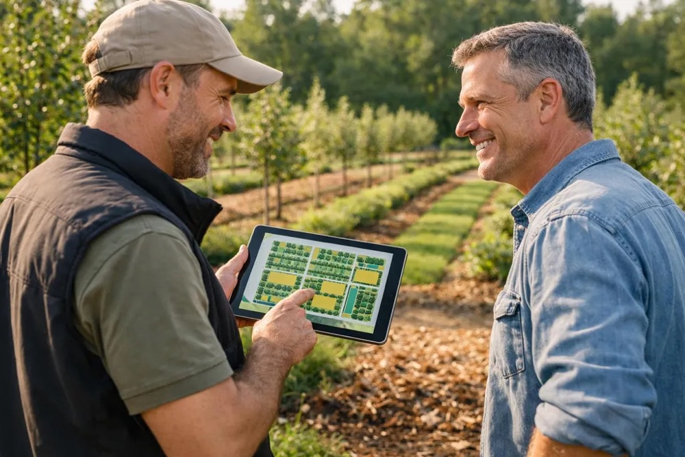 A planner and a client stand in a young orchard row, looking together at a garden plan on a tablet