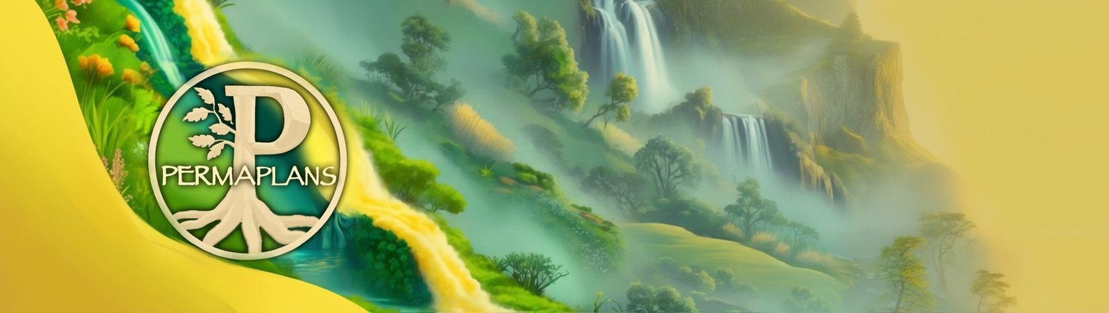 Painted permaculture landscape with waterfalls, terraces and trees — the Permaplans cover artwork