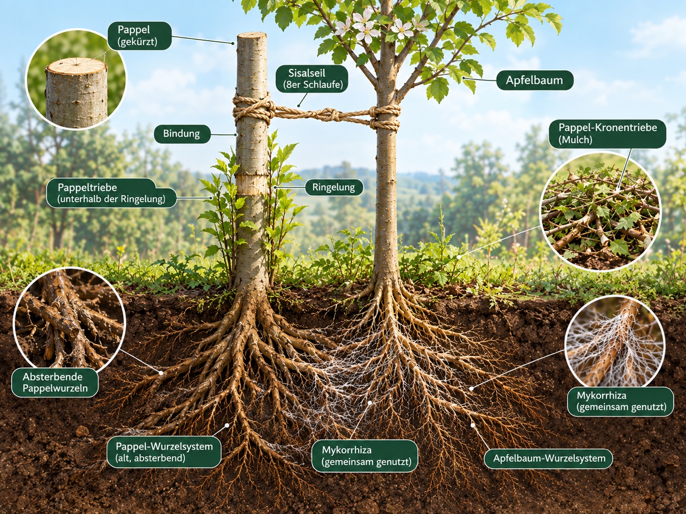 Querschnitt: junger Apfelbaum mit Sisalseil an eine gekürzte, geringelte Pappel gebunden; unter der Ringelung Austrieb, im Boden das absterbende Pappel-Wurzelsystem, das Apfelbaum-Wurzelsystem und gemeinsam genutzte Mykorrhiza