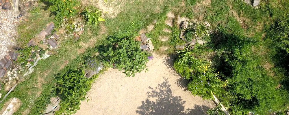 Aerial view of a garden: sand area, beds, hedges and paths seen from a drone