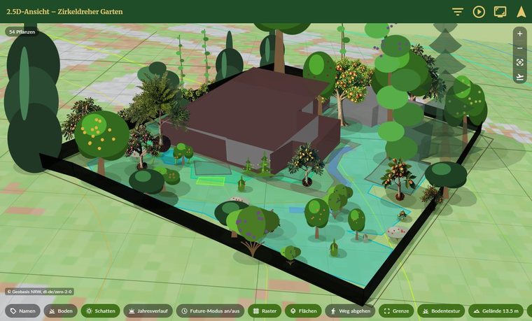 Spatial 2.5D view of a planned garden