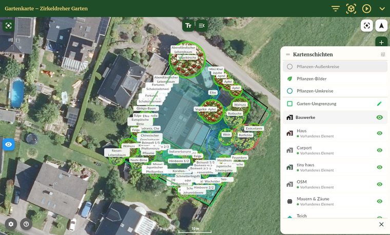 Layer panel of the map with buildings, walls, pond and plant footprints