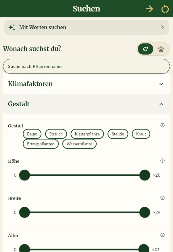 Pflanzensuche mit Filtern für Gestalt, Höhe und Breite