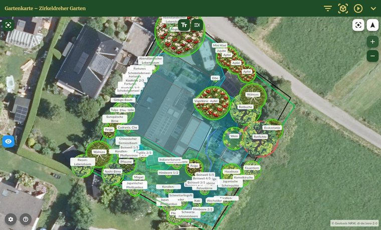 Garden map with true-to-scale plants on the aerial image
