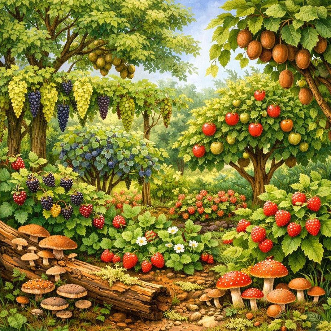 Waldgarten in Etagen: Obstbäume, Beerensträucher, Kräuter und Bodendecker übereinander