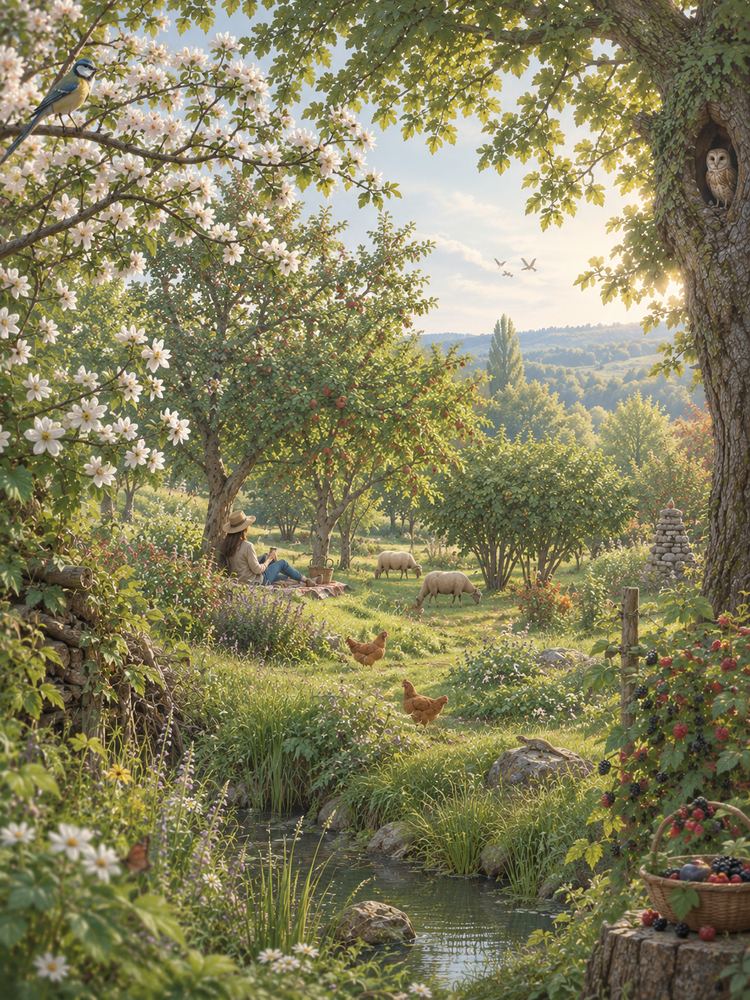 Dentro de un bosque comestible: un ciruelo mirobolano en flor, frutales, ovejas y gallinas, un arroyo, bayas en una cesta y una mujer haciendo un pícnic a la sombra
